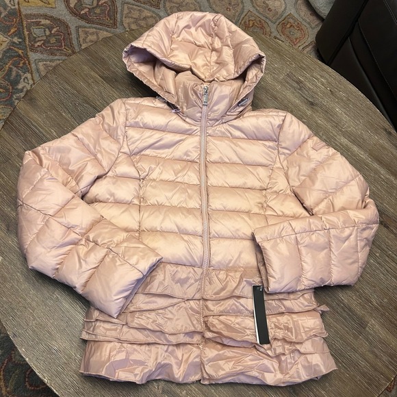 Tahari Women L Pink Ruffle Hooded Puffer Jacket Premium Lightweight Insulation l - Picture 2 of 8